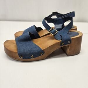 Vtg 90s Rouge Open-Toe Denim Chunky Wood Heel Clog Sandals 8.5 Grunge Y2K Retro